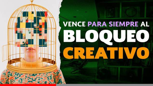 Persona con una jaula de pájaros alrededor de la cabeza simbolizando el bloqueo creativo con el texto "Vence para siempre al bloqueo creativo" instando a superarlo.