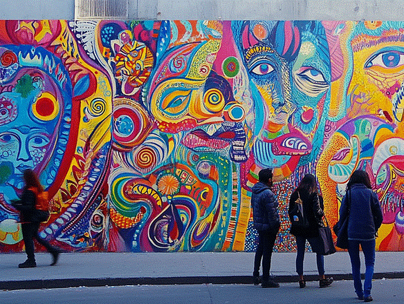 Mural callejero vibrante que ilustra rostros abstractos y patrones intrincados que representan el arte del graffiti urbano.