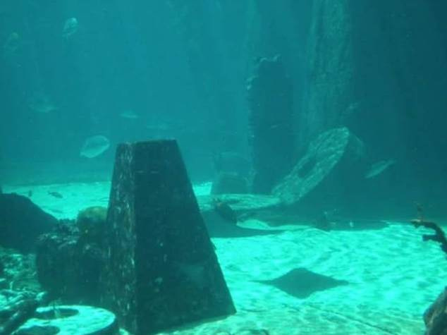 Vista submarina de estructuras de piedra en el monumento Yonaguni, un enigmático sitio sumergido en Japón.