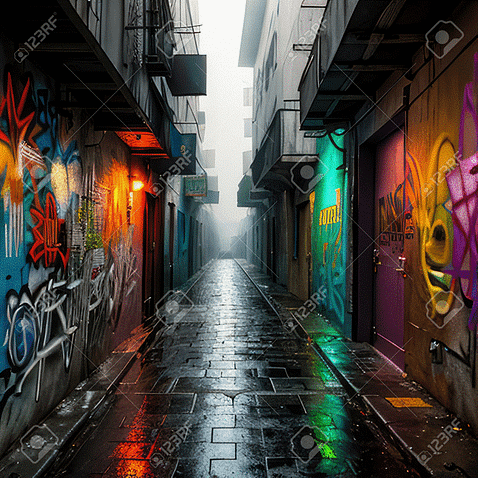 Mural callejero vibrante que ilustra rostros abstractos y patrones intrincados que representan el arte del grafiti urbano.