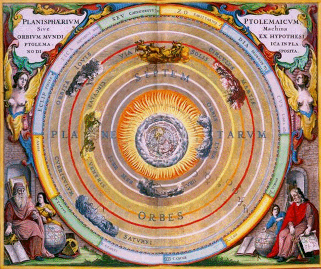 Ilustración del cosmos geocéntrico ptolemaico que representa esferas celestes y planetas, simbolizando el antiguo concepto de la música de las esferas.