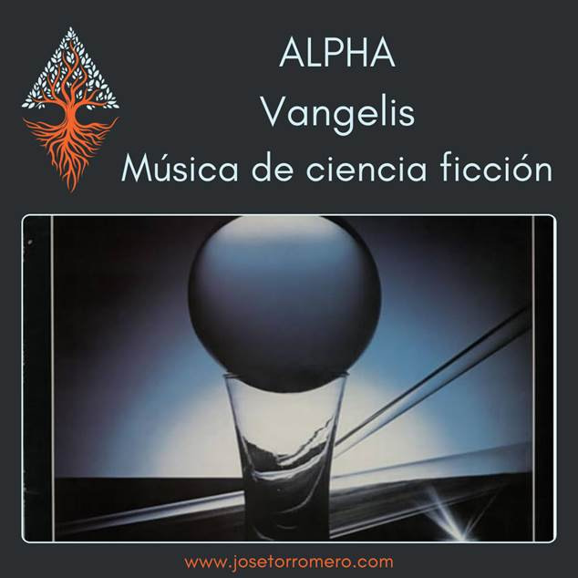 Portada y promoción para el álbum de música de ciencia ficción de Vangelis, ALPHA, destacando la música electrónica con temática cósmica y espacial.