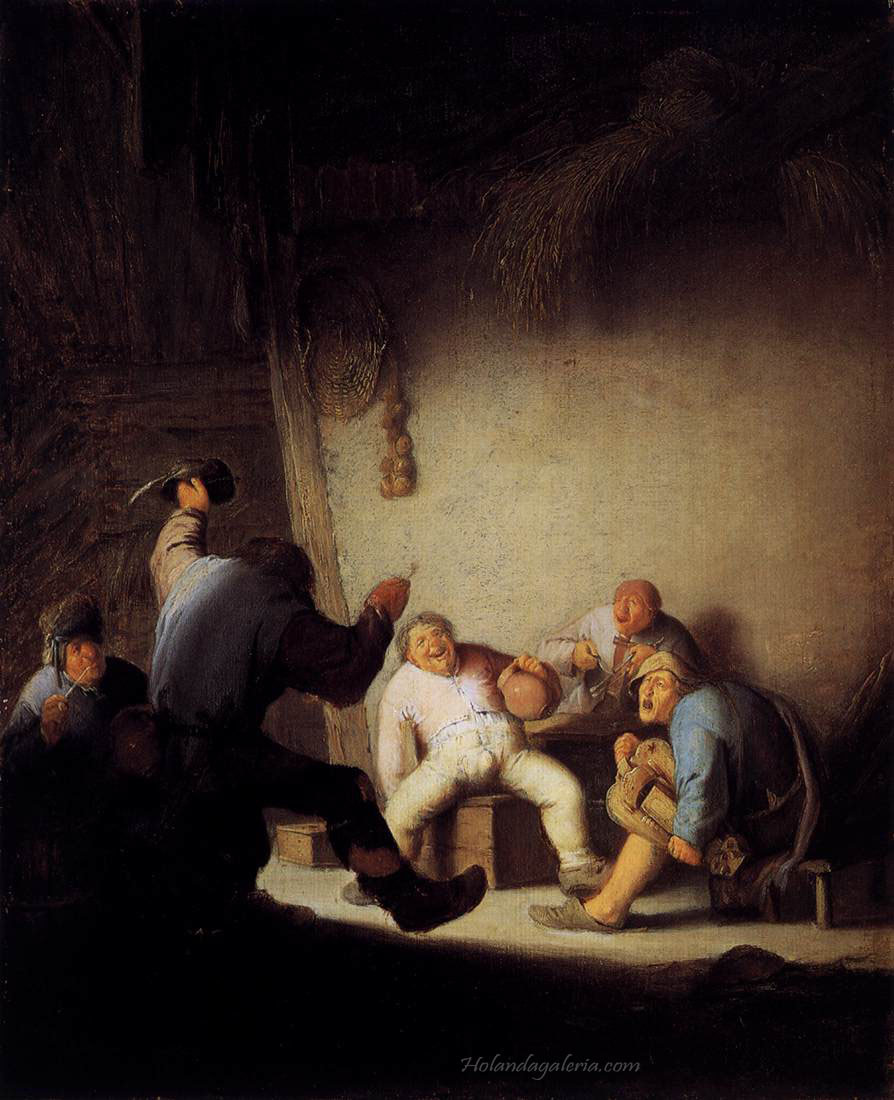 Adriaen van Ostade | Peasants Drinking and Making Music in a Barn c. 1635 Oil on panel, 34 x 27 cm Private collection