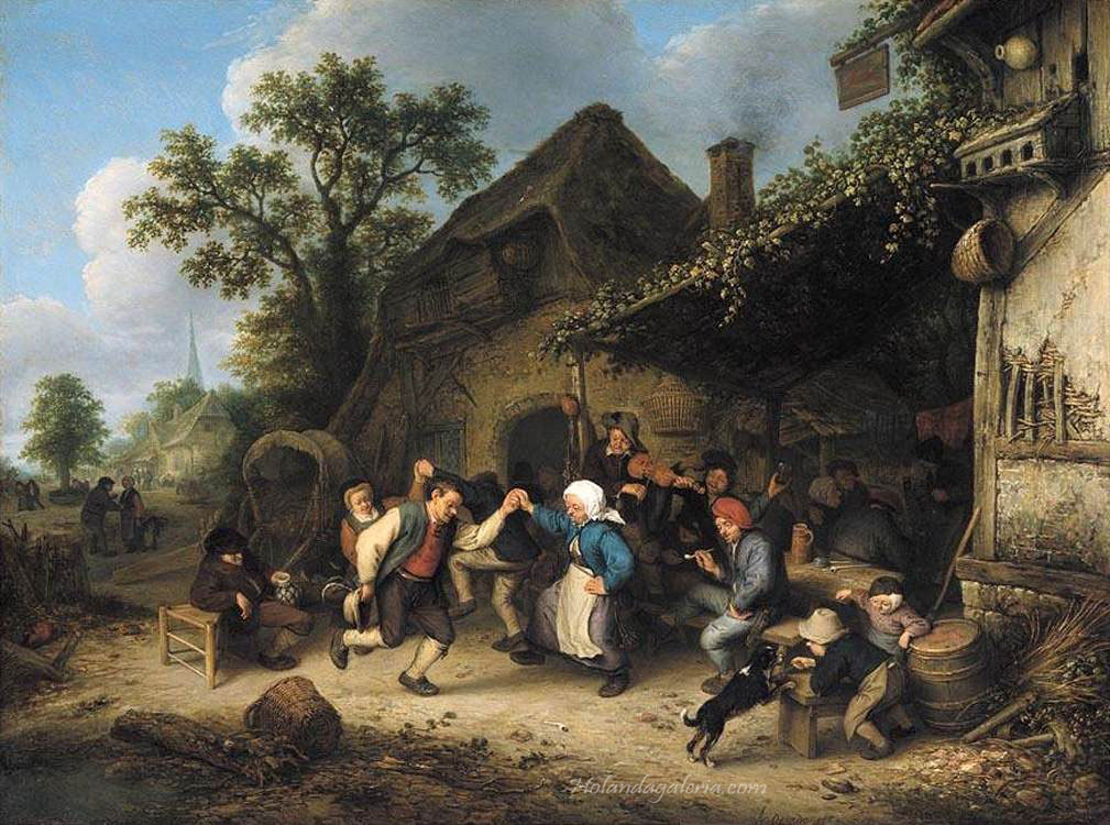 Adriaen van Ostade | Peasants Carousing and Dancing outside an Inn 1660 Oil on oak panel, 43 x 57 cm Private collection
