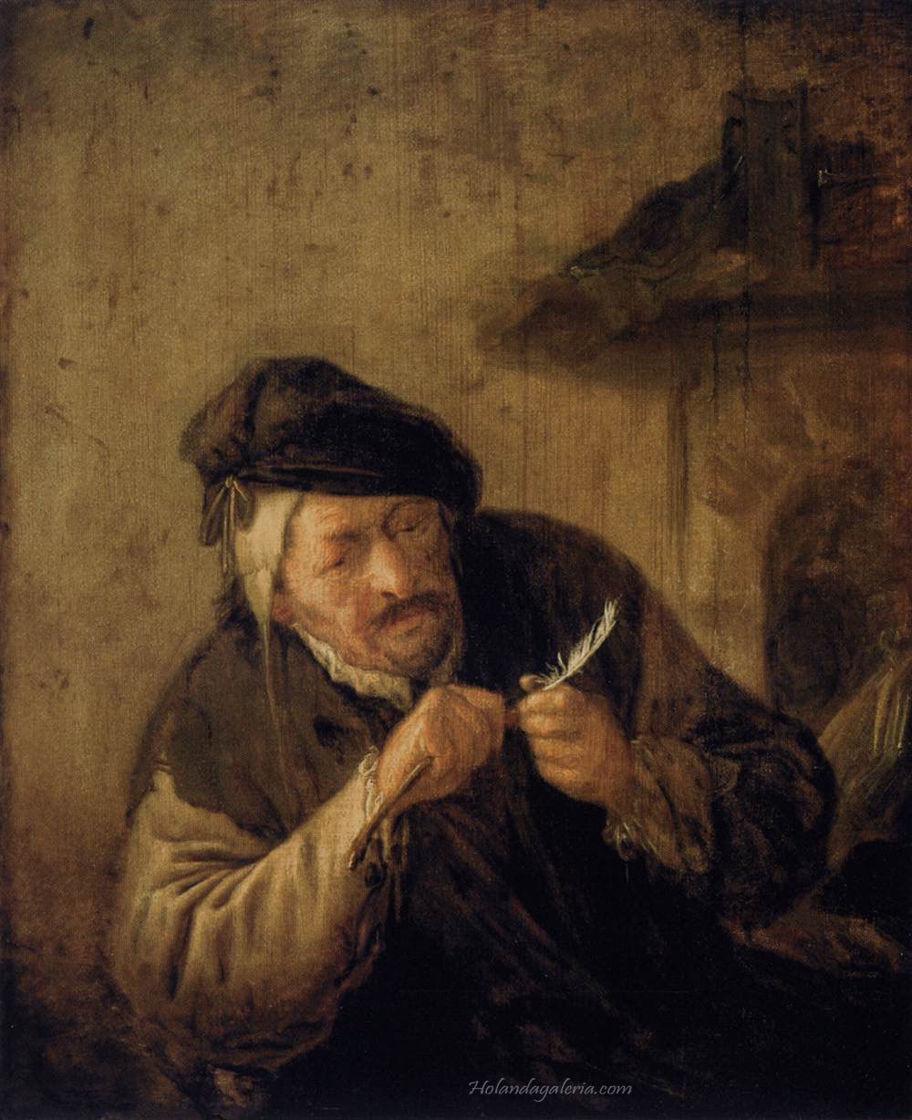 Adriaen van Ostade | Cutting the Feather-Oil on oak panel, 33,2 x 26,7 cm Szépművészeti Múzeum, Budapest